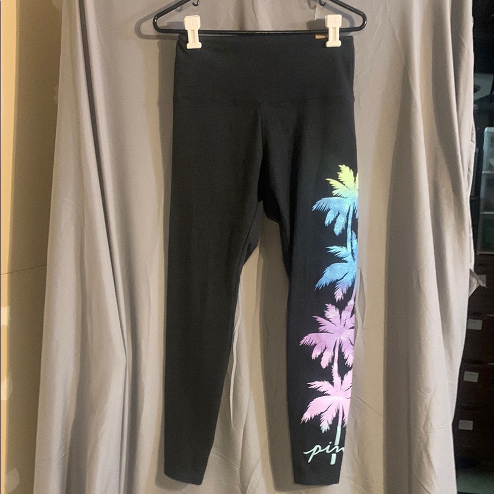 PINK Victoria's Secret Black and Pink Leggings with Palm Tree Design